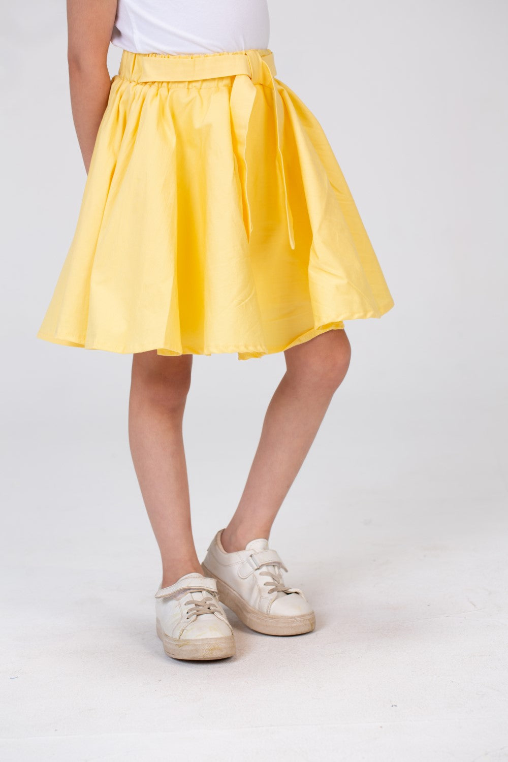 Girls Plain Elastic Waist Gabardine Skirt With A Waist Belt And A Unique Cut