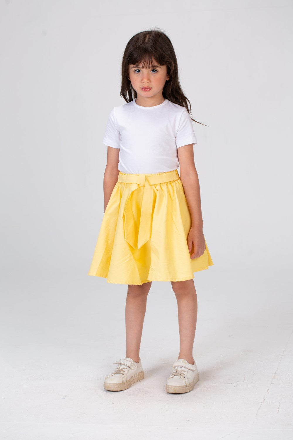 Girls Plain Elastic Waist Gabardine Skirt With A Waist Belt And A Unique Cut