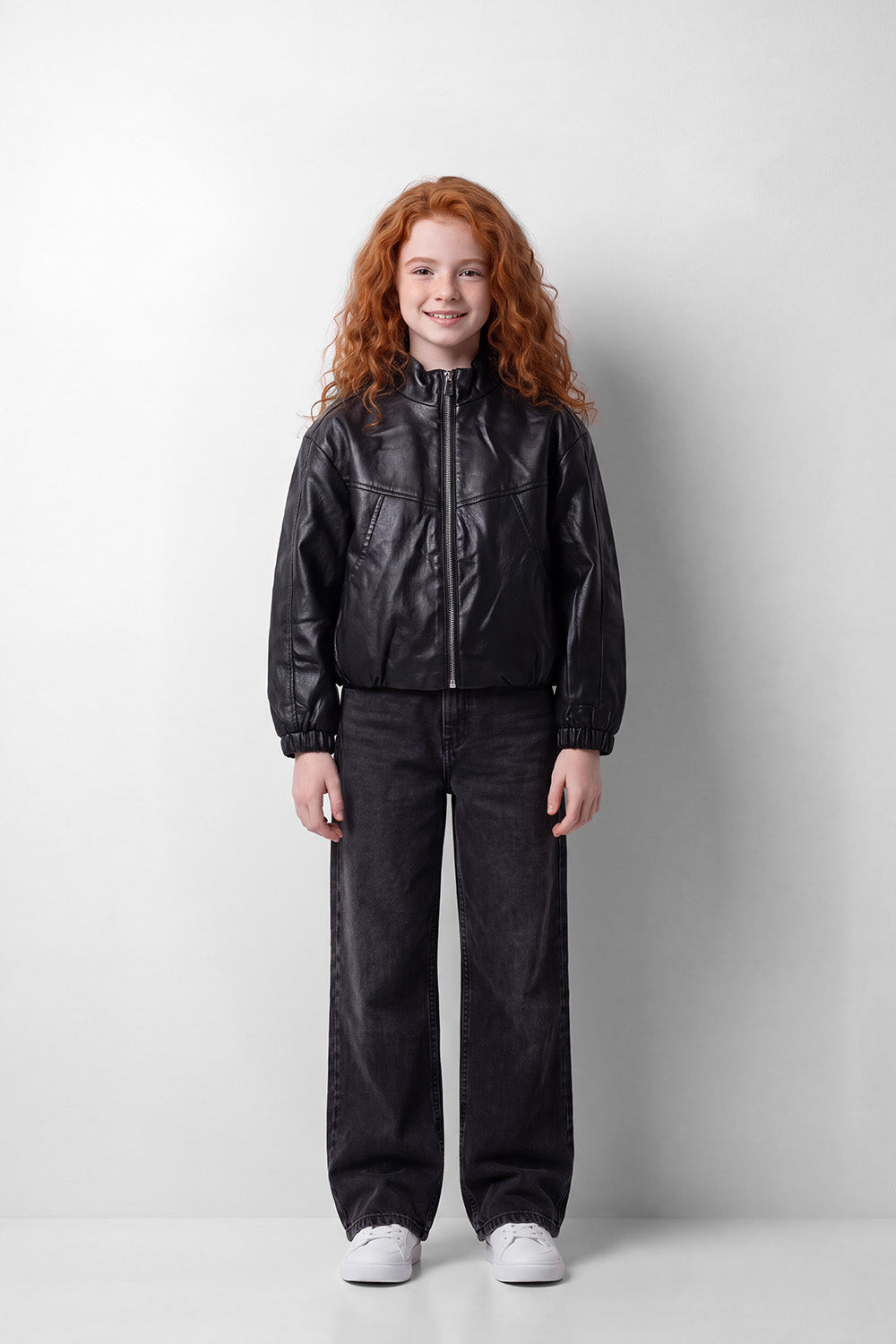 Girl's Tomato Store Box Fit Leather Jacket High Neck Full-Zip Front