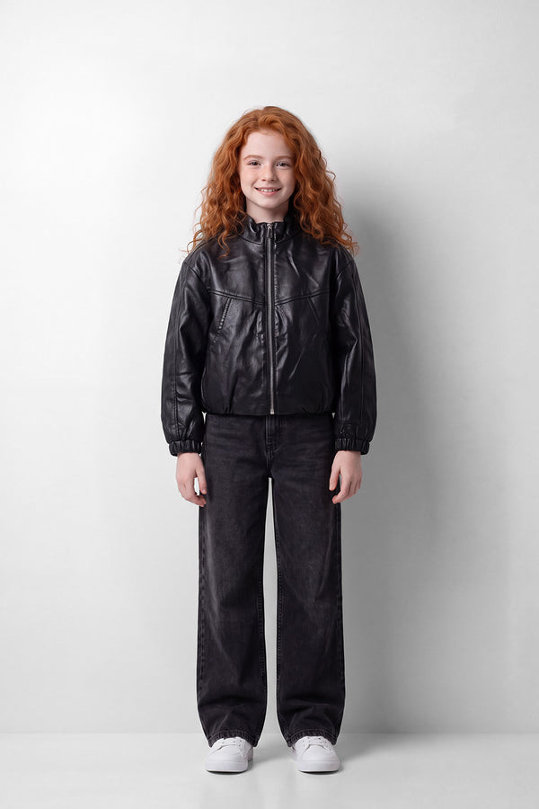 Girl's Tomato Store Box Fit Leather Jacket High Neck Full-Zip Front