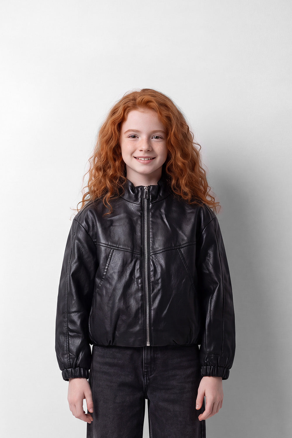Girl's Tomato Store Box Fit Leather Jacket High Neck Full-Zip Front