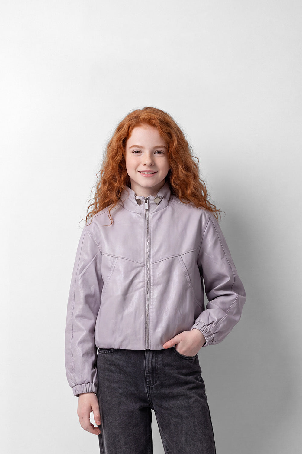 Girl's Tomato Store Box Fit Leather Jacket High Neck Full-Zip Front