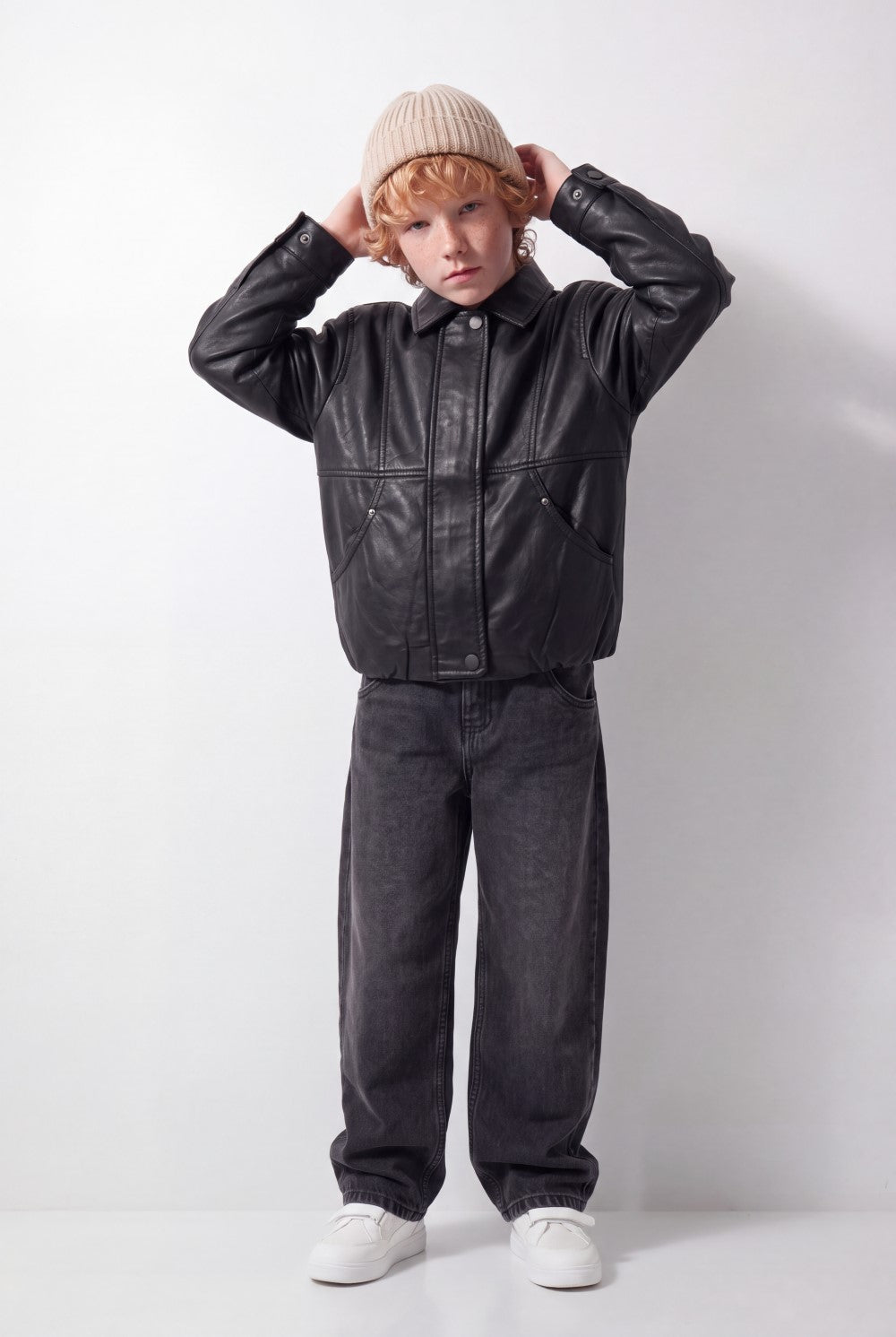 Boy's Tomato Store Leather Jacket Classic Collar Concealed Zip Snap Cuff Detail Box Fit
