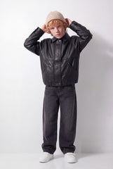 Boy's Tomato Store Leather Jacket Classic Collar Concealed Zip Snap Cuff Detail Box Fit