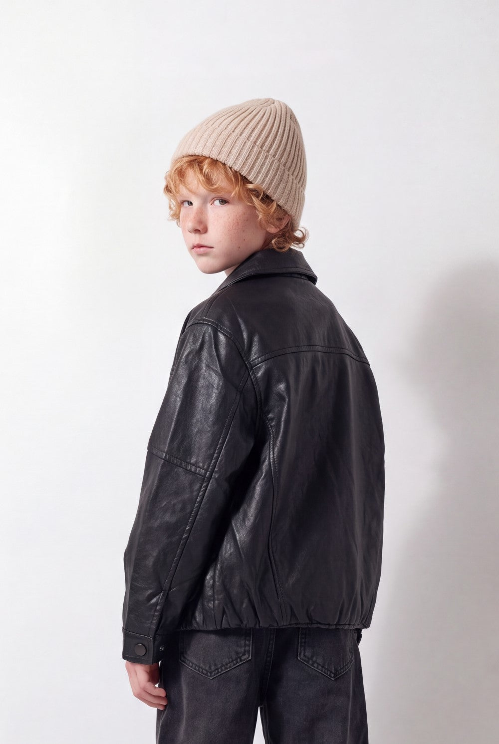 Boy's Tomato Store Leather Jacket Classic Collar Concealed Zip Snap Cuff Detail Box Fit