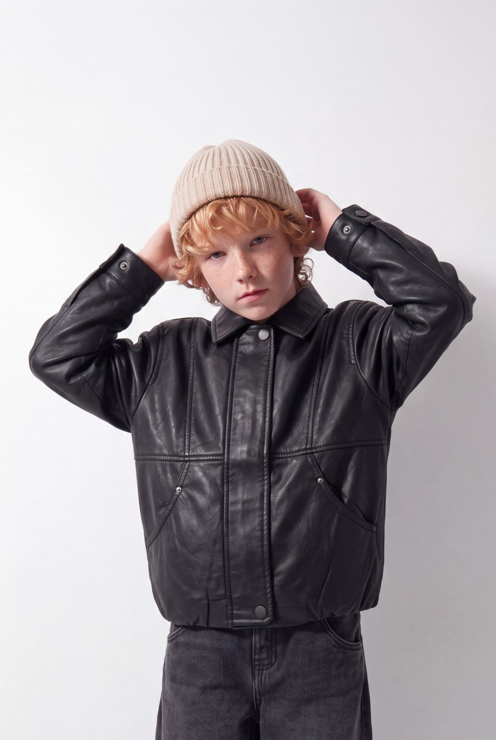 Boy's Tomato Store Leather Jacket Classic Collar Concealed Zip Snap Cuff Detail Box Fit