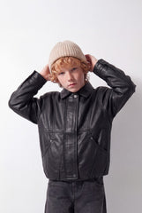 Boy's Tomato Store Leather Jacket Classic Collar Concealed Zip Snap Cuff Detail Box Fit