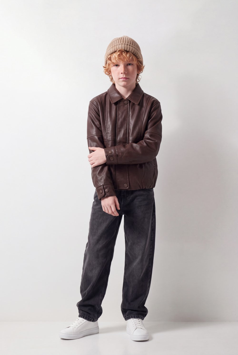 Boy's Tomato Store Leather Jacket Classic Collar Concealed Zip Snap Cuff Detail Box Fit