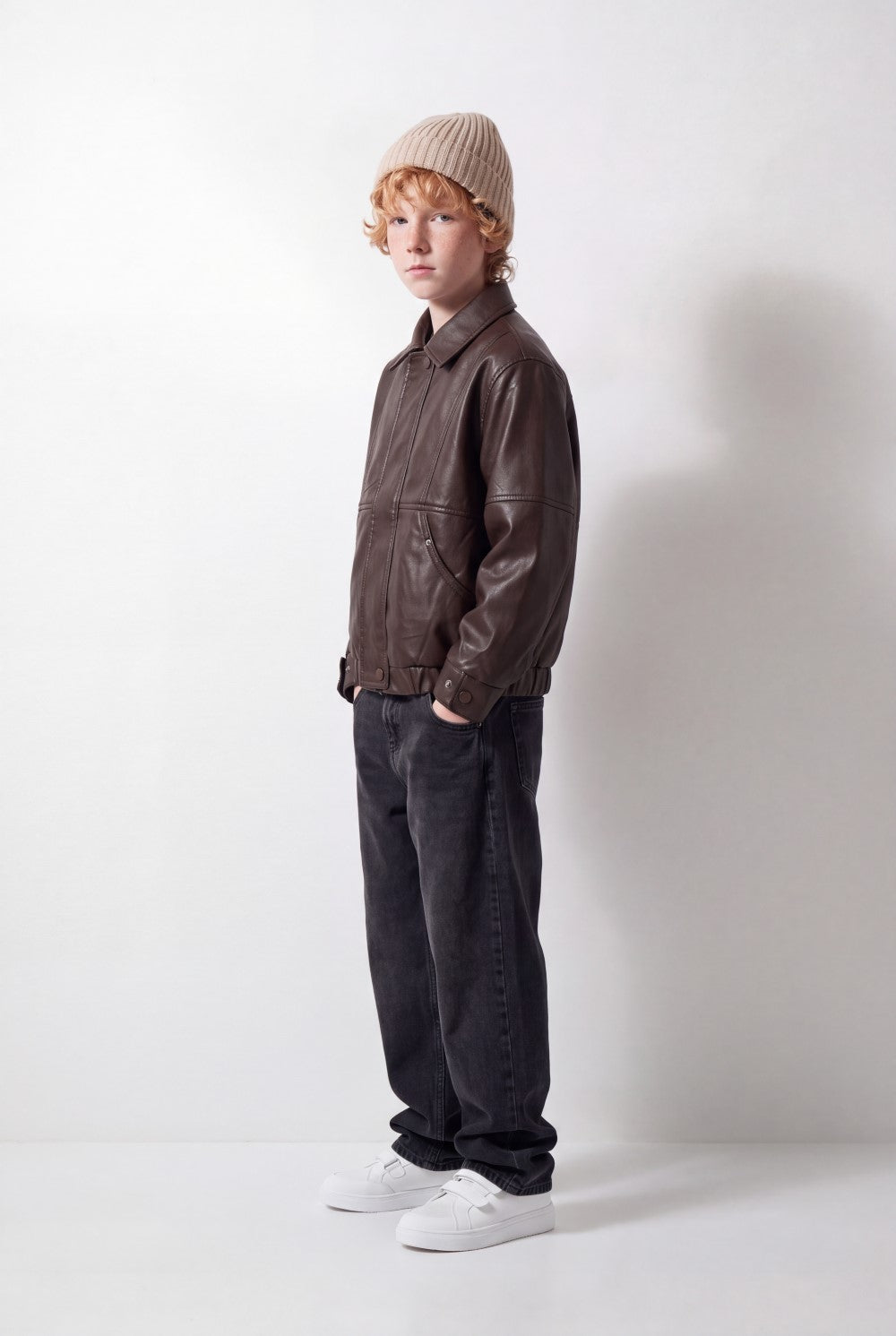 Boy's Tomato Store Leather Jacket Classic Collar Concealed Zip Snap Cuff Detail Box Fit