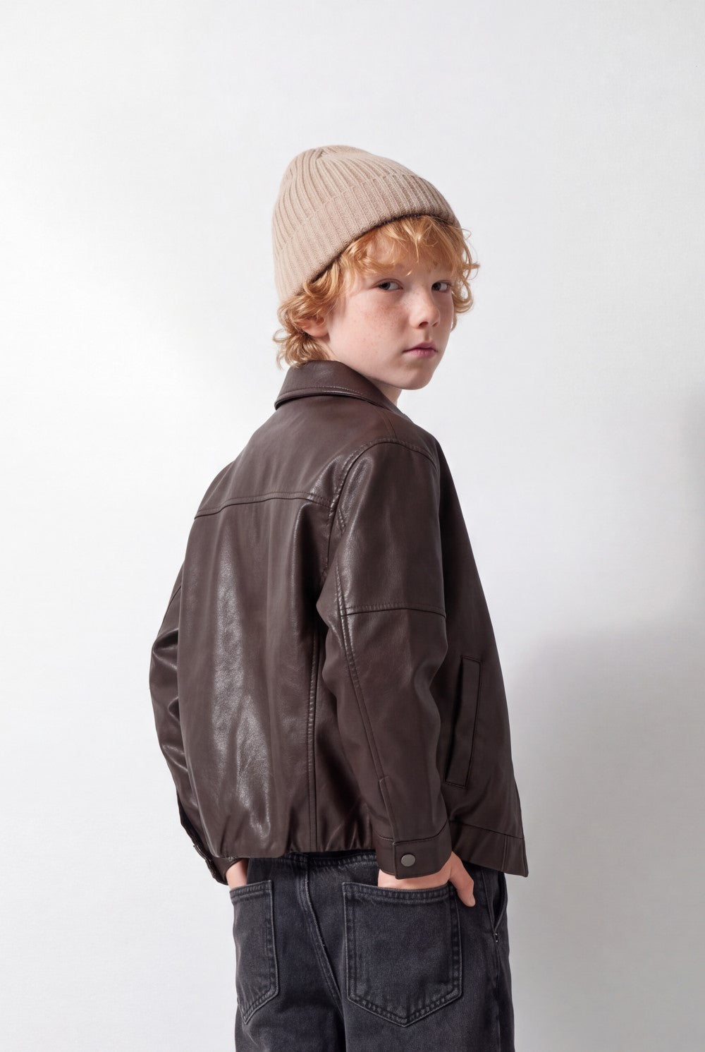 Boy's Tomato Store Leather Jacket Classic Collar Concealed Zip Snap Cuff Detail Box Fit