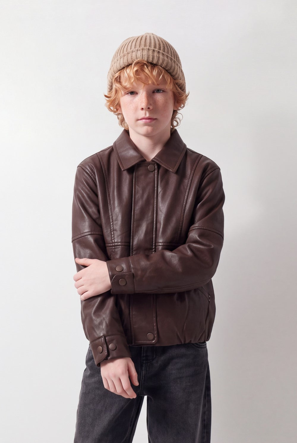 Boy's Tomato Store Leather Jacket Classic Collar Concealed Zip Snap Cuff Detail Box Fit