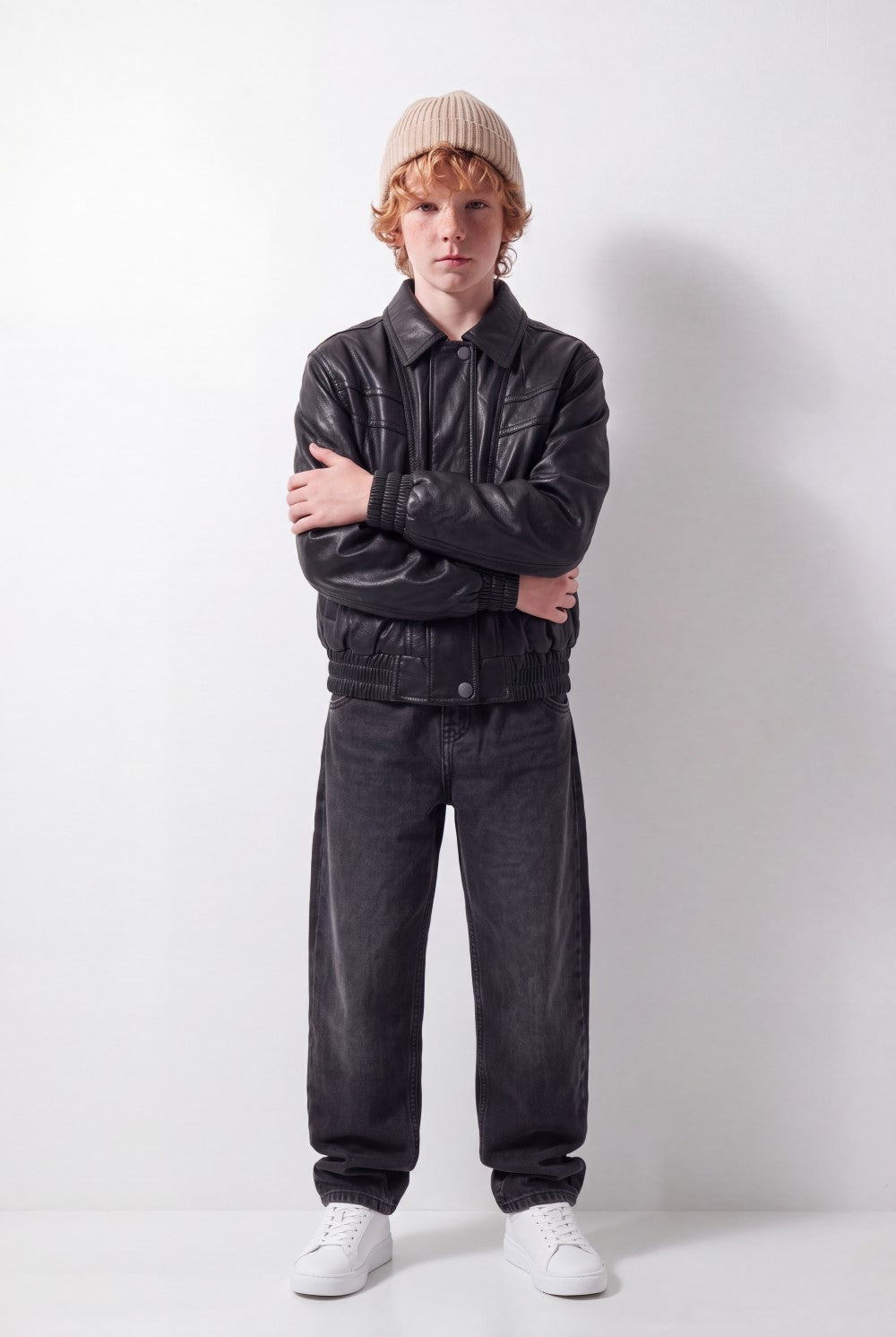 Boy's Tomato Store Leather Jacket Classic Collar Full-Zip Front Panel Stitching