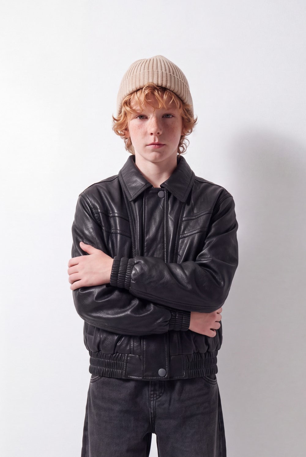 Boy's Tomato Store Leather Jacket Classic Collar Full-Zip Front Panel Stitching