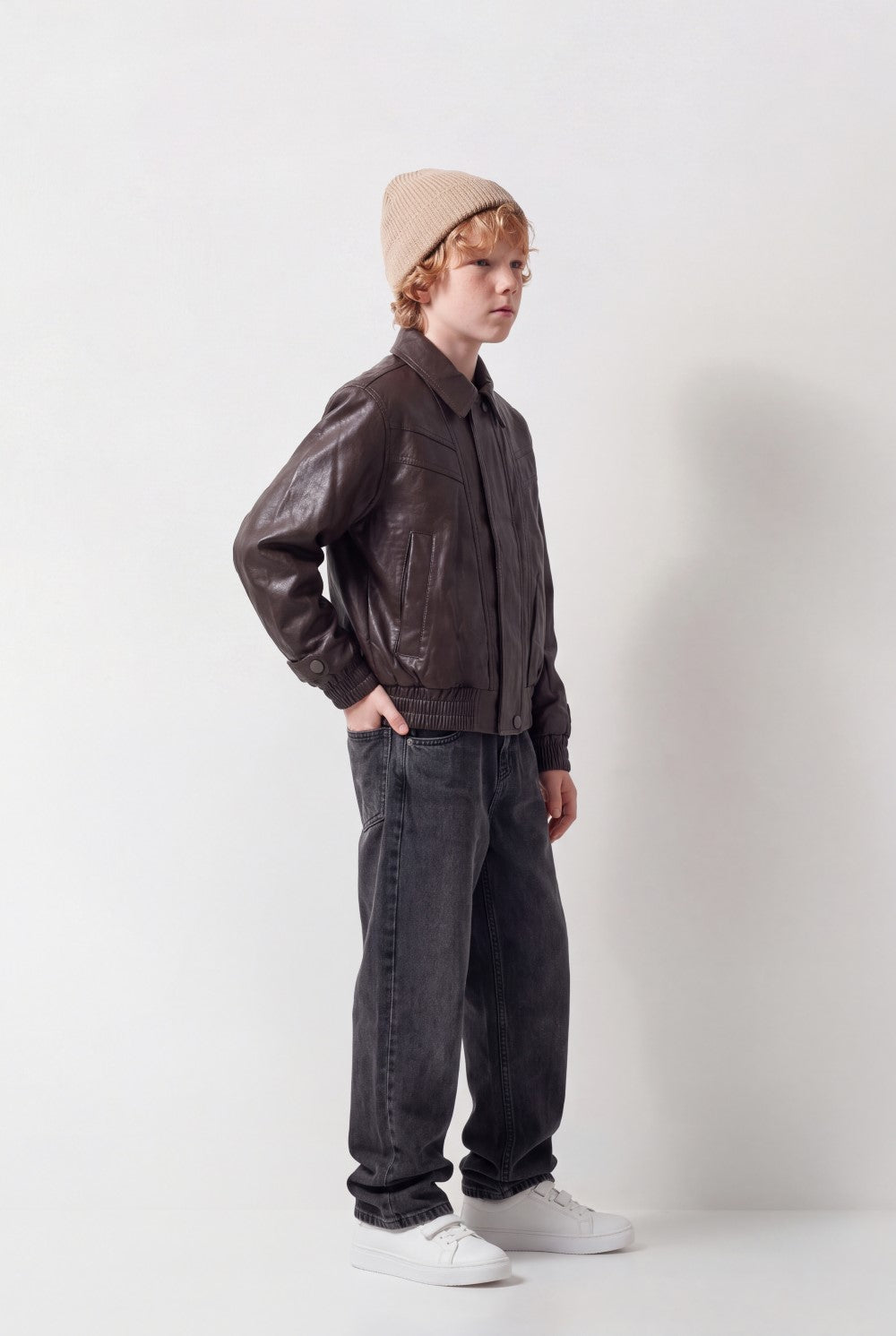 Boy's Tomato Store Leather Jacket Classic Collar Full-Zip Front Panel Stitching
