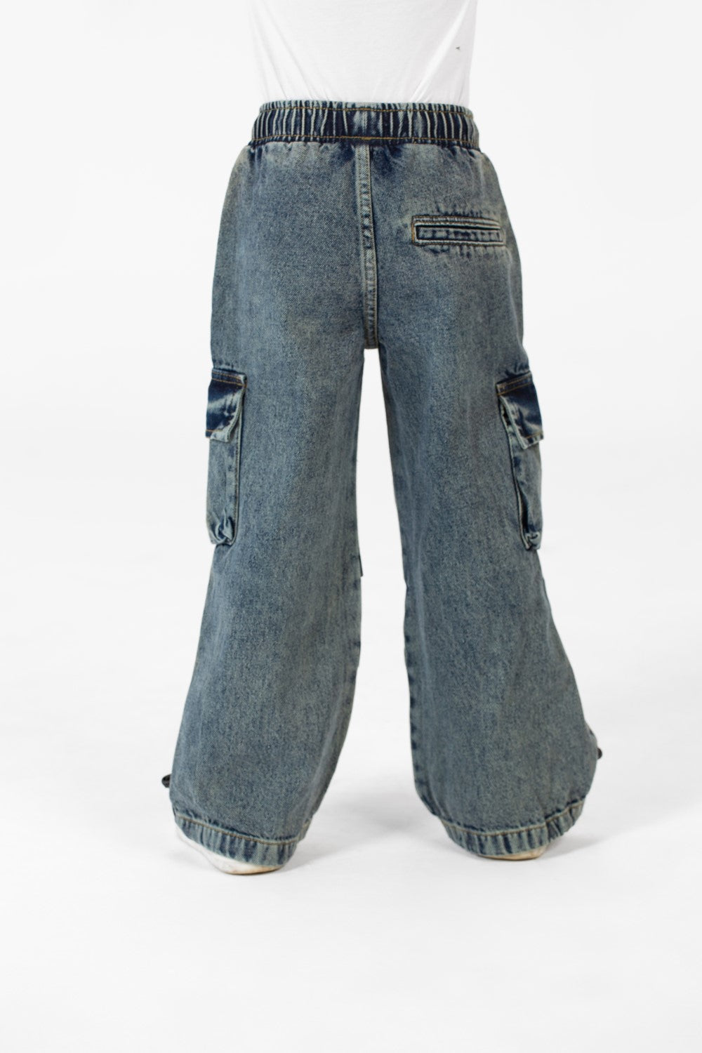 Girl's Cargo Jeans Pants With Elastic Waistband And Modern Side Pockets