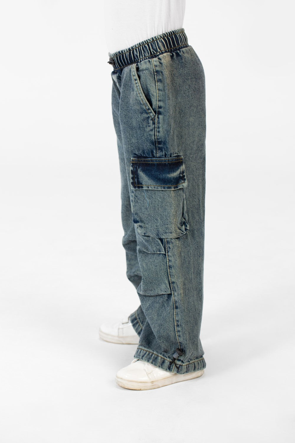 Girl's Cargo Jeans Pants With Elastic Waistband And Modern Side Pockets