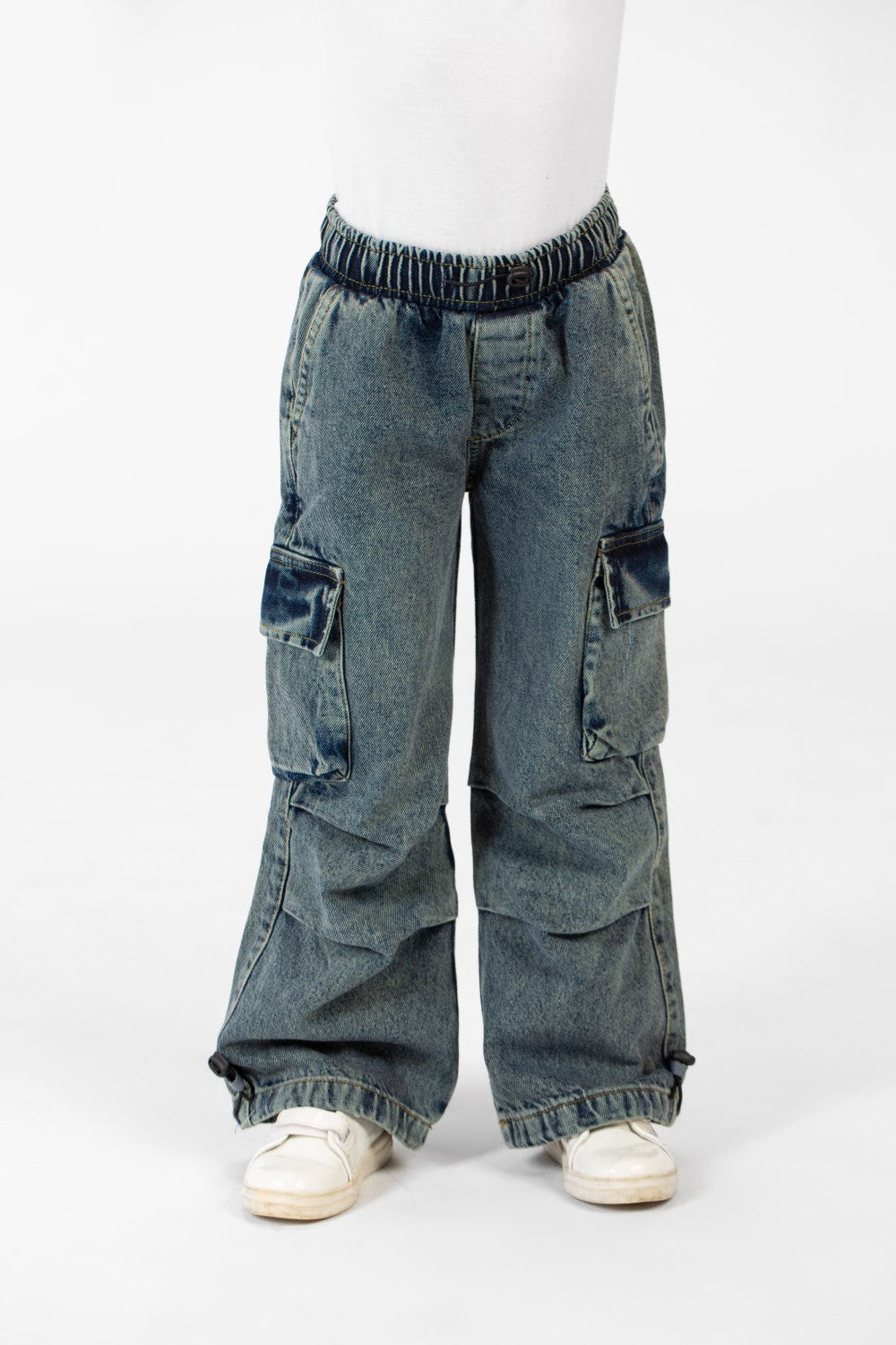 Girl's Cargo Jeans Pants With Elastic Waistband And Modern Side Pockets