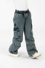 Girl's Cargo Jeans Pants With Elastic Waistband And Modern Side Pockets