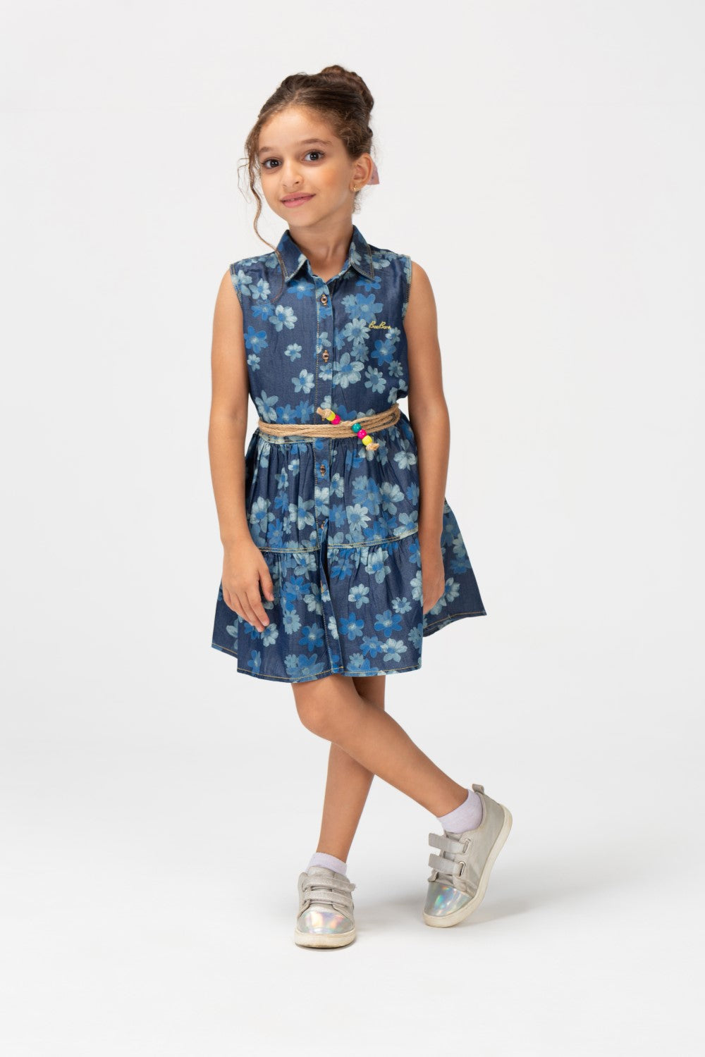 Girls Summer Floral Dress With Front Buttons In D-Blue