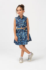 Girls Summer Floral Dress With Front Buttons In D-Blue