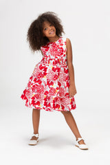 Girls Floral Without Sleeves Dress With A Belt In The Middle In Red