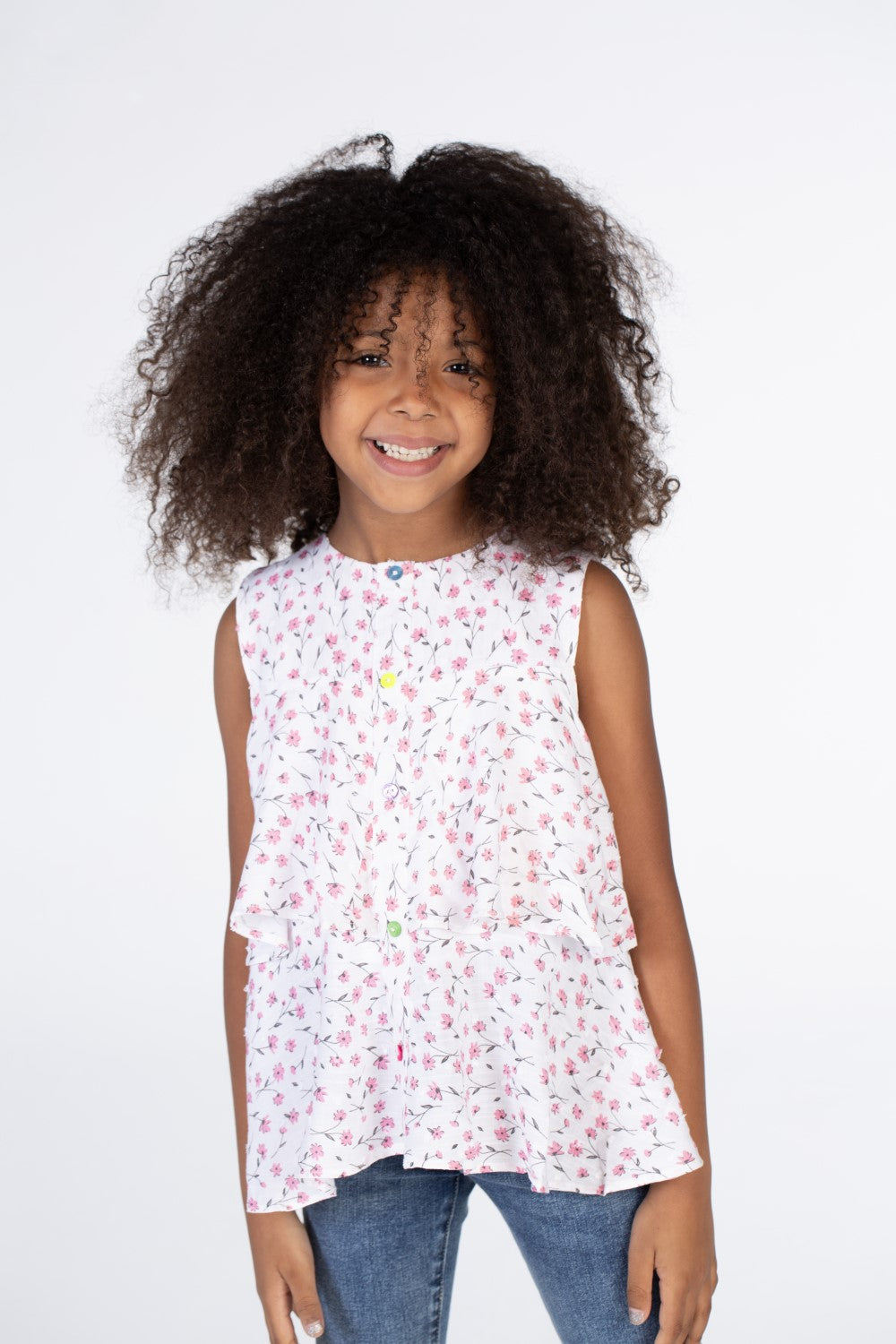 Girls Floral Cat Blouse With Buttons On The Front And Ruffles