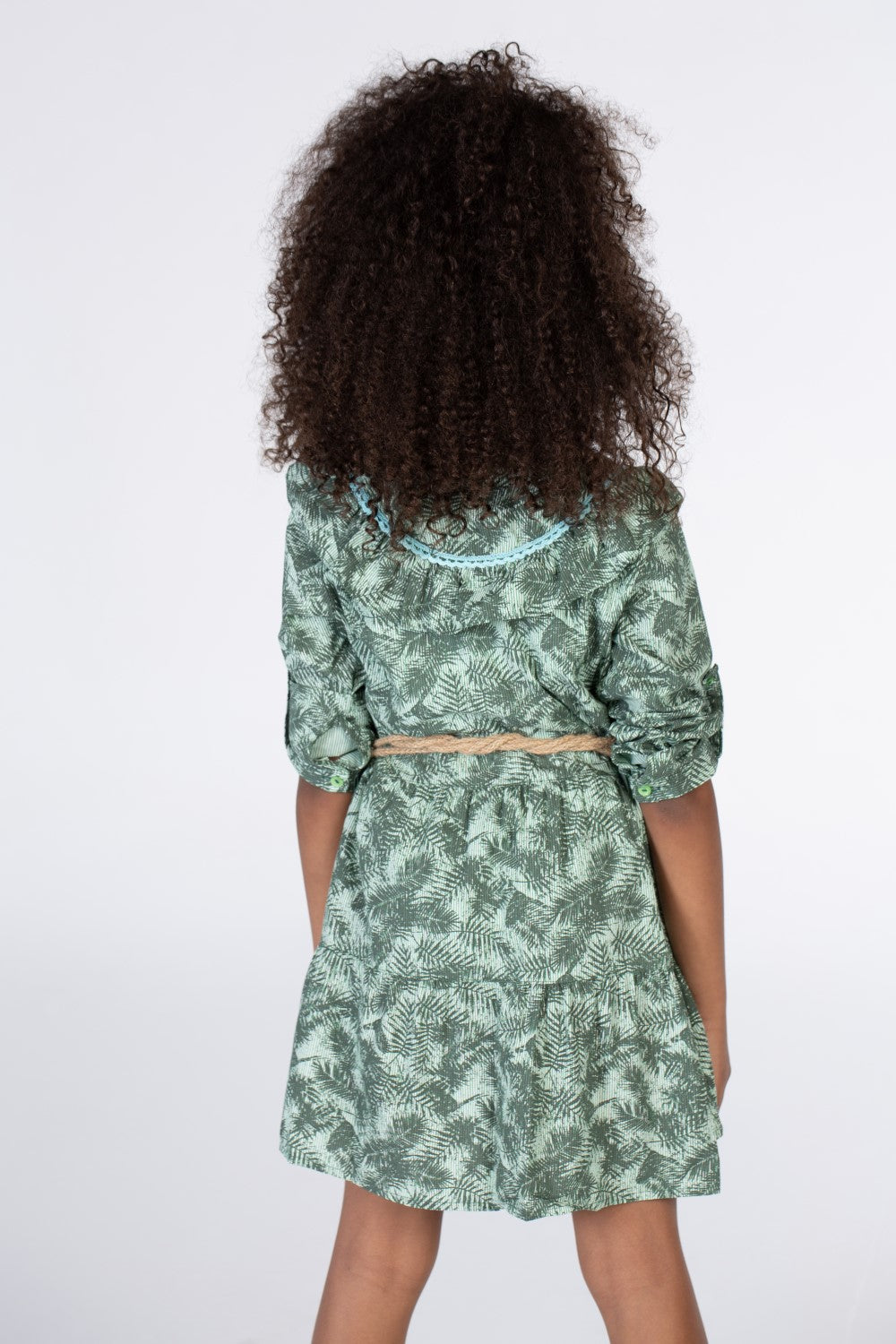 Girls Green Floral Dress With A Belt At The Waist And A Collar With Colorful Buttons On The Front