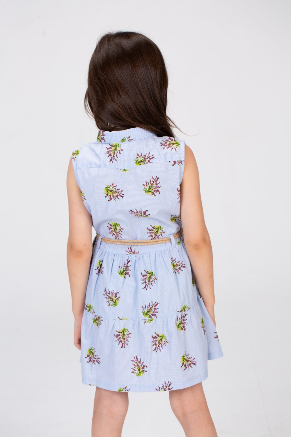Girls Sleeveless Floral Dress With A Burlap Belt In The Middle Baby Blue