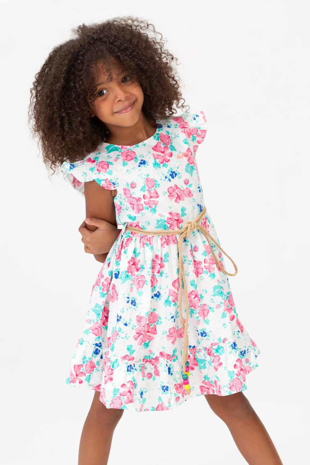 Girls Summer Floral Dress With Waist Belt In Pink