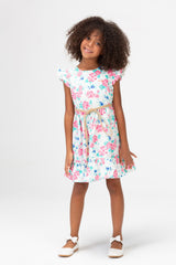 Girls Summer Floral Dress With Waist Belt In Pink