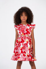 Girls Floral Dress With A Burlap Belt In The Middle And Ruffled Shoulders Red