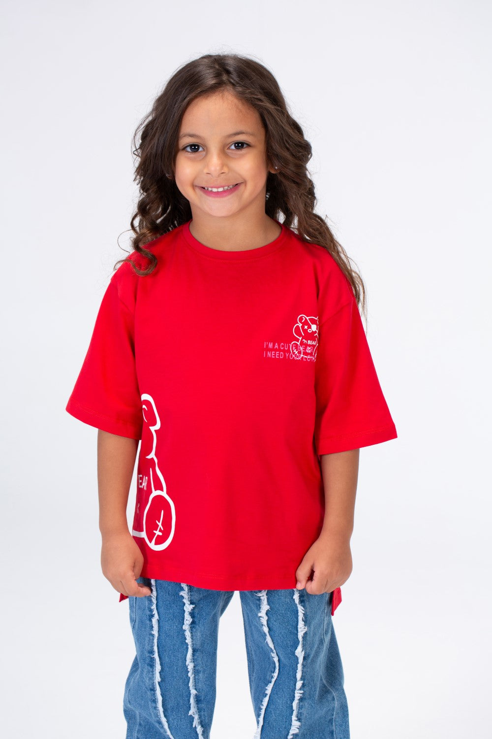 Girls T-shirt With A Round Neck And A Cute Bear Print On The Front