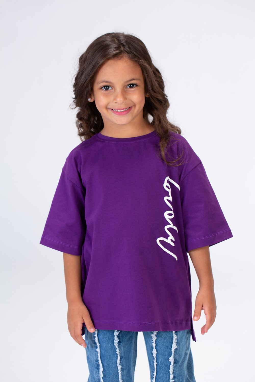 Girls Round Oversize T-shirt With Front Print And Short Sleeves
