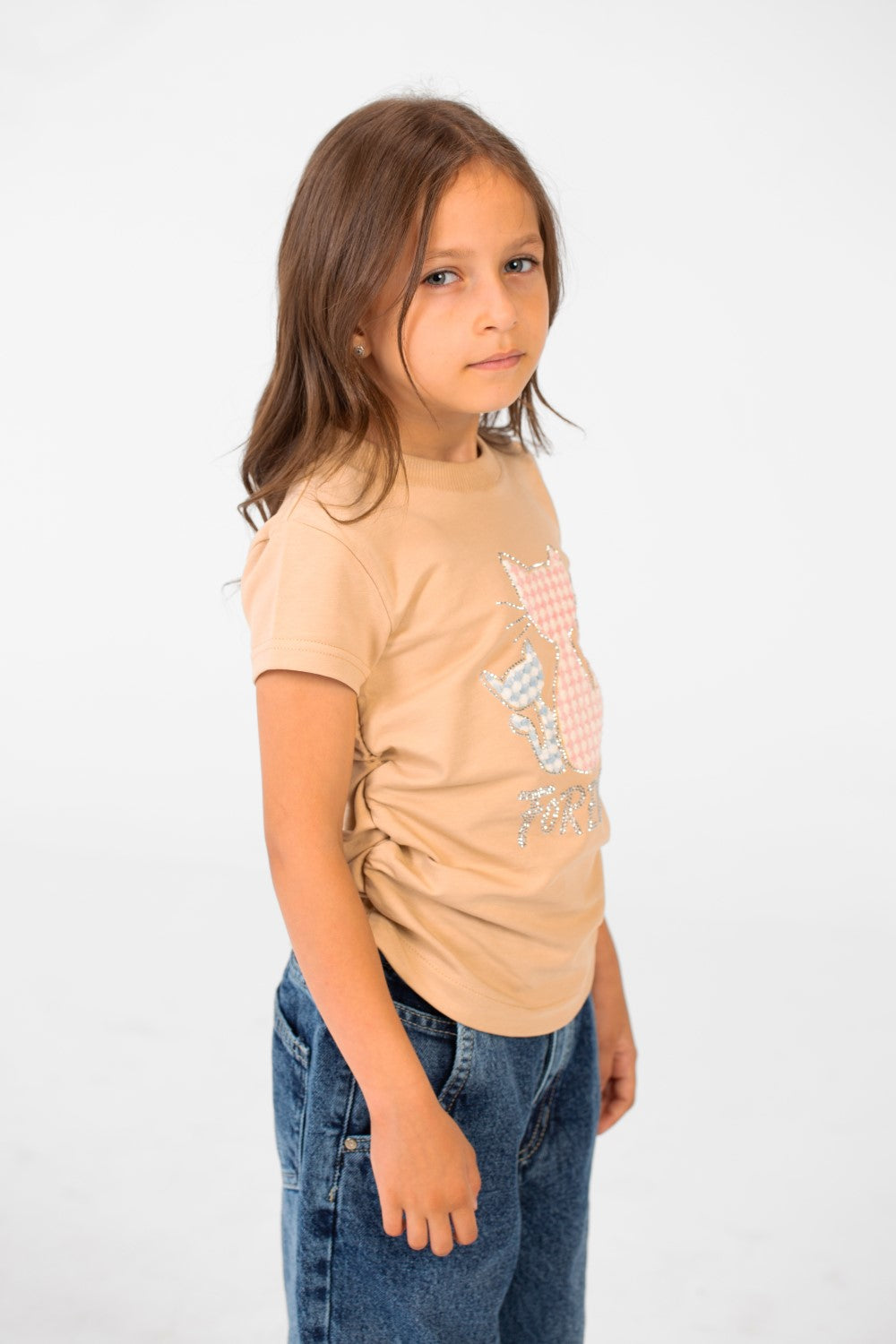 Girl's Summer Melton Half Sleeve Front Graphic Print T-shirt With Elasticated Sides