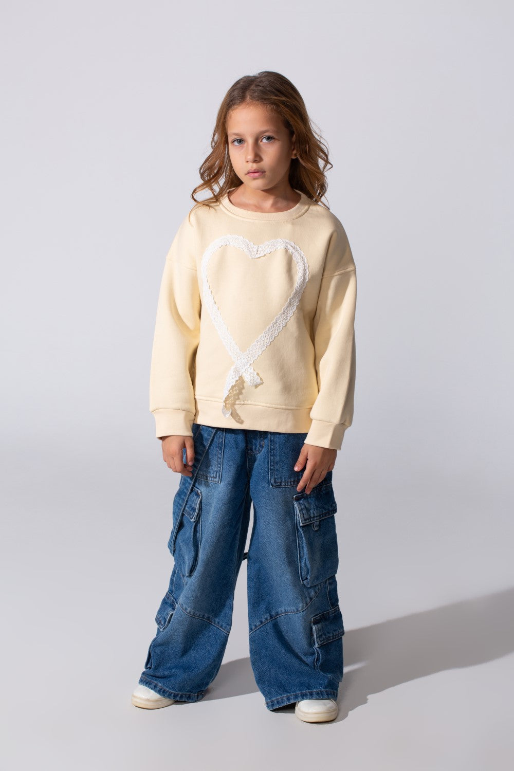 Girl's Slim Fit Round Neck Sweatshirt With A Heart Print On The Front
