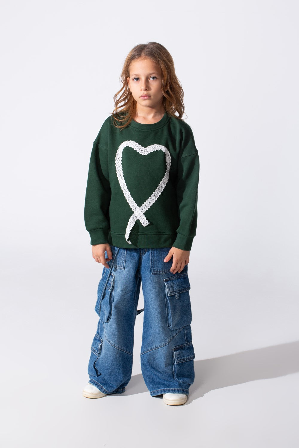 Girl's Slim Fit Round Neck Sweatshirt With A Heart Print On The Front