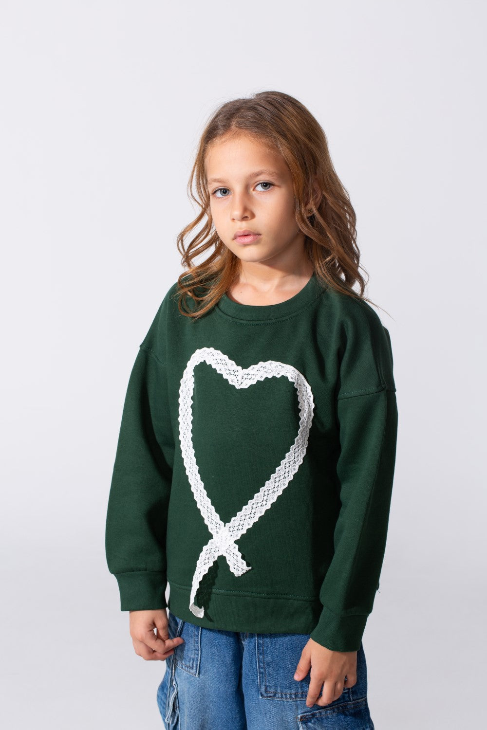 Girl's Slim Fit Round Neck Sweatshirt With A Heart Print On The Front