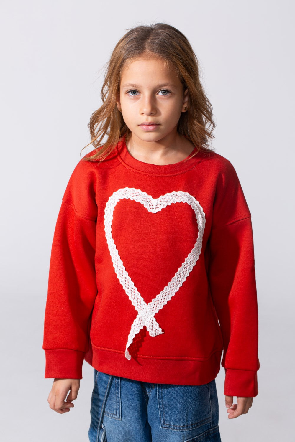 Girl's Slim Fit Round Neck Sweatshirt With A Heart Print On The Front