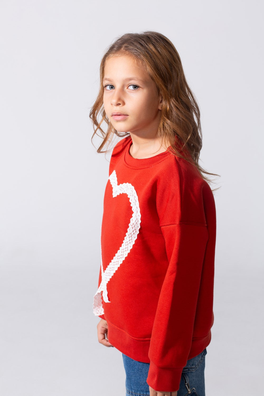 Girl's Slim Fit Round Neck Sweatshirt With A Heart Print On The Front
