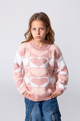 Girl's Round Neck Long Sleeves Pullover With A Heart Print In A Modern Details