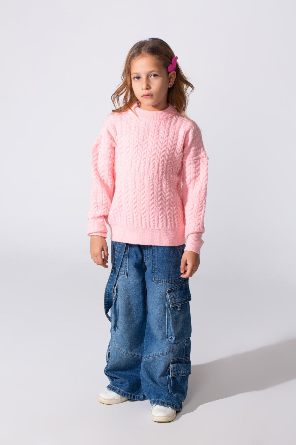 Girl's Tomato Knitted Pullover With A Round Neck And Long Sleeves