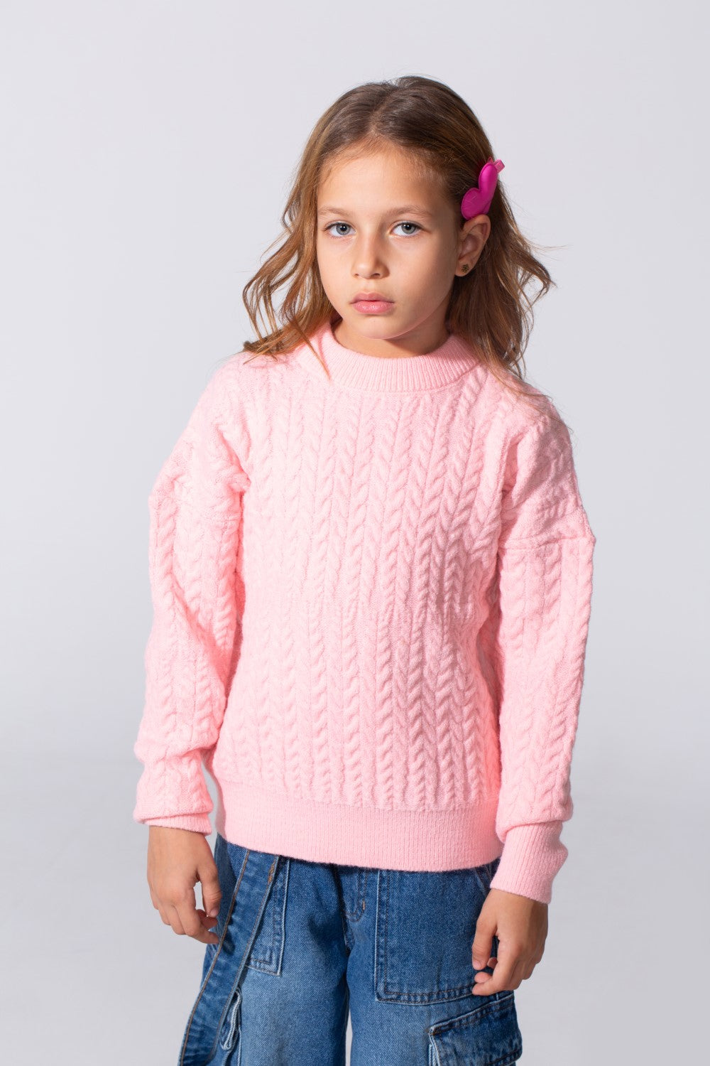 Girl's Tomato Knitted Pullover With A Round Neck And Long Sleeves