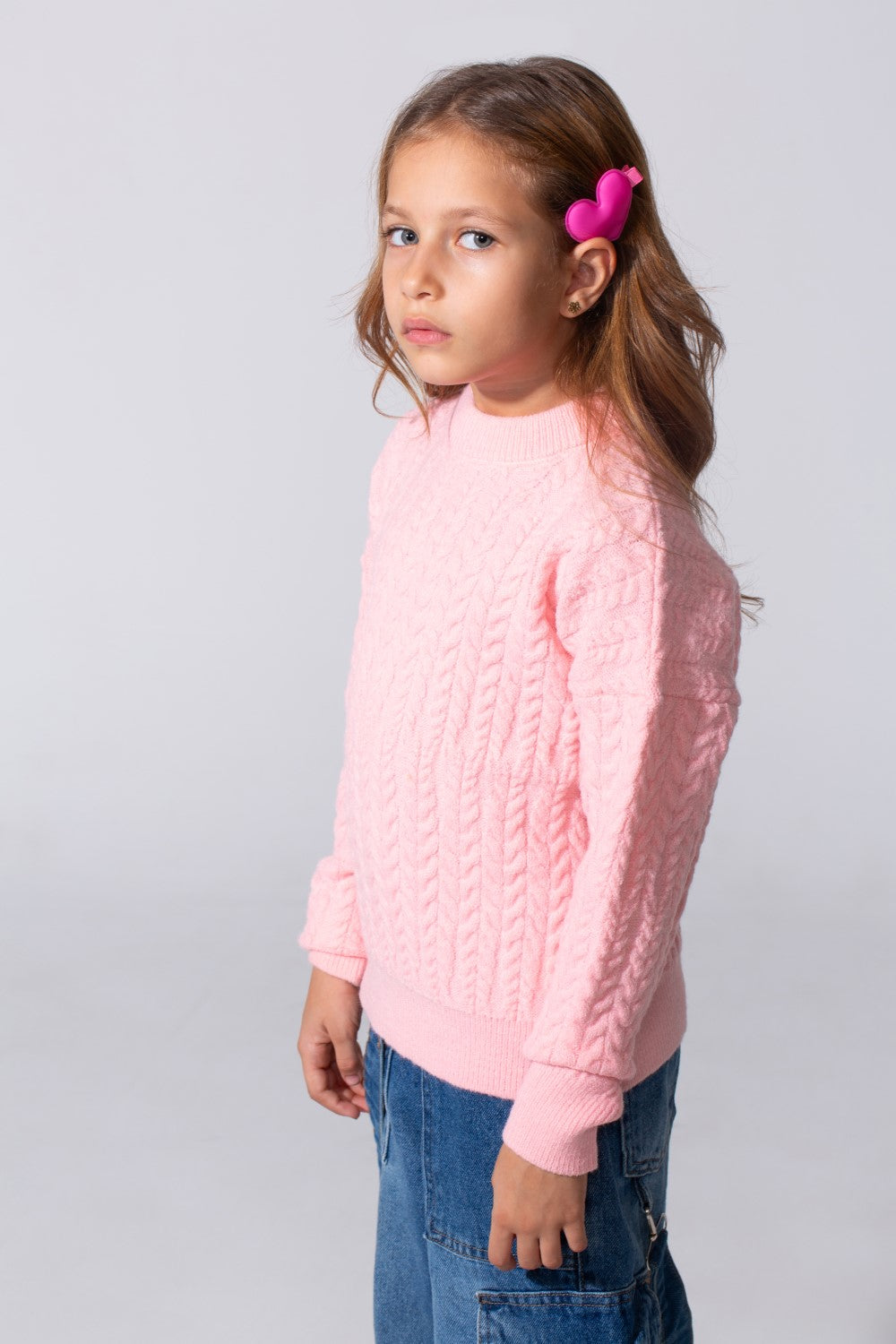 Girl's Tomato Knitted Pullover With A Round Neck And Long Sleeves