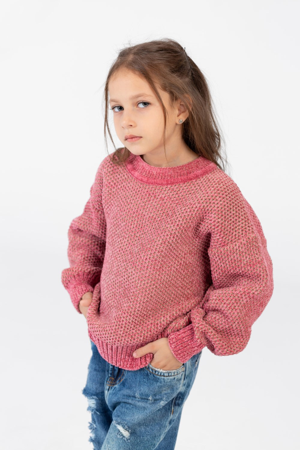 Girl's Velvet Pullover With Round Neck And Long Sleeves