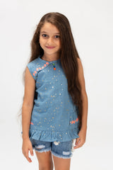 Girls Sleeveless Printed Fabric Blouse With Front Buttons In Blue