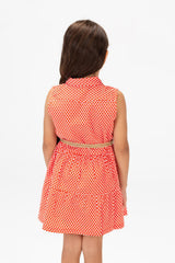 Girls Tomato Printed Dress With Front Buttons And Waist Belt Red