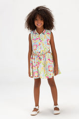 Girls Printed Dress With Front Buttons And A Waist Belt Fushia