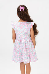Girls Jakar Printed Dress With Ruffled Shoulders Rose