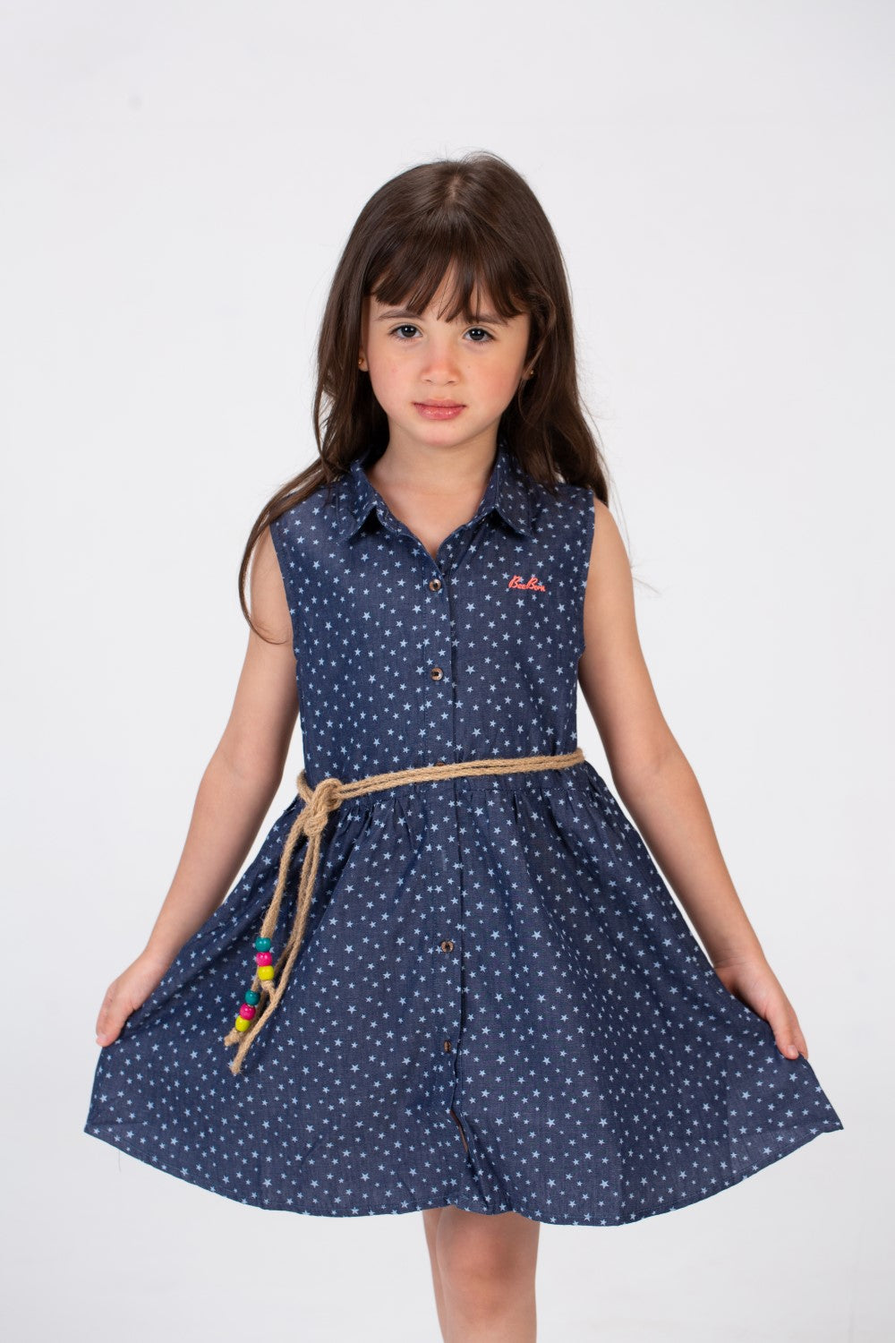 Girls Stars Print Jacar Dress With Front Buttons And A Burlap Belt In The Middle