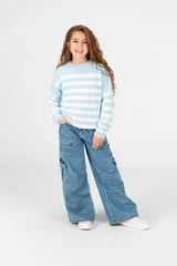 Girl's Round Neck Long Sleeves Striped Jakar Pullover Sweater